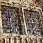 Vergitterte Fenster mit Weinranken Steinmauer