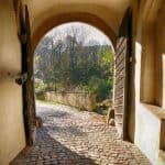 Großes Tor aus Holz Pflastersteine Bäume Wald