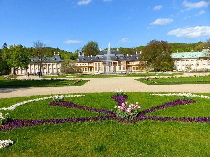 Blumenbeet und Palais Schloss Pillnitz