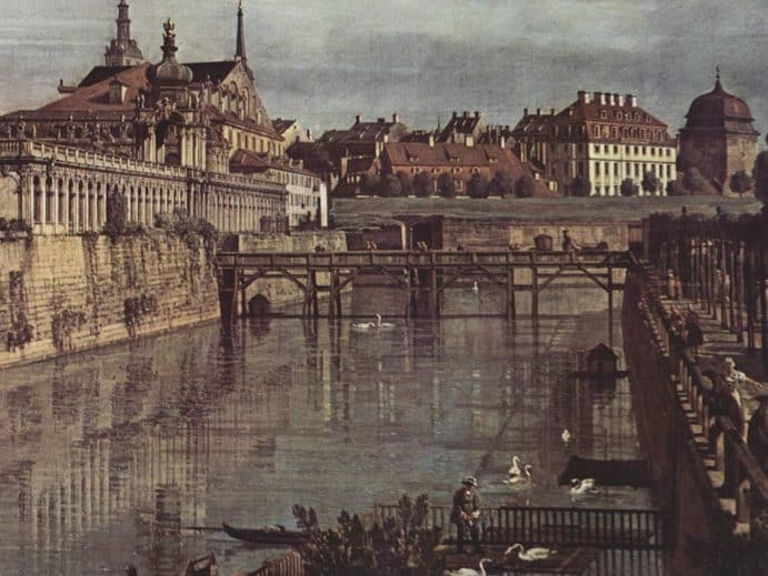 Zwingergraben mit Wallgrabenbrücke und Kronentor (Canaletto um 1752)