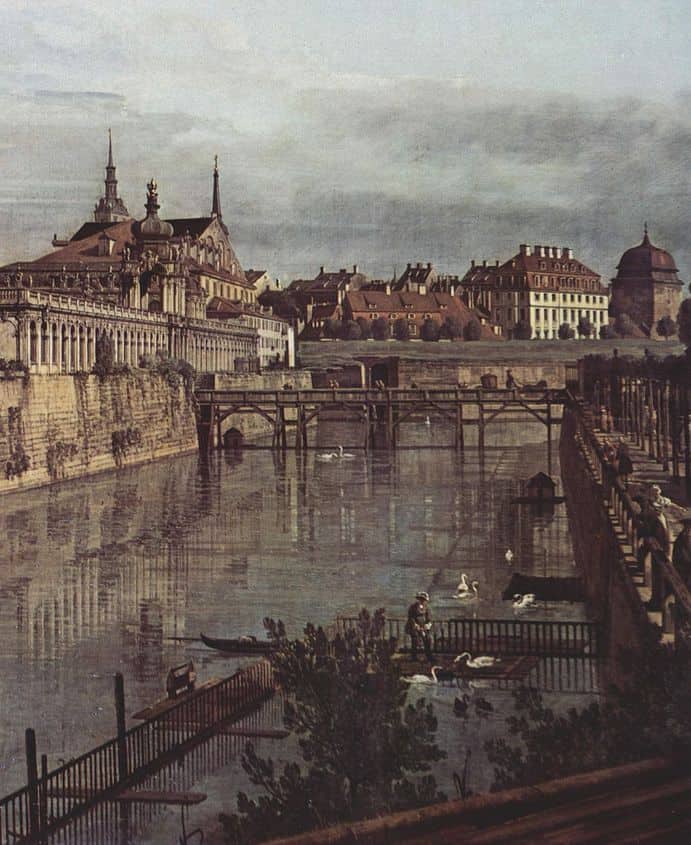 Zwingergraben mit Wallgrabenbrücke und Kronentor (Canaletto um 1752)