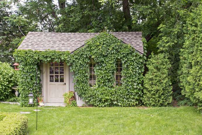 Ein Traumgartenhaus für einen Märchengarten Gartenhaus mit Reben bedeckt