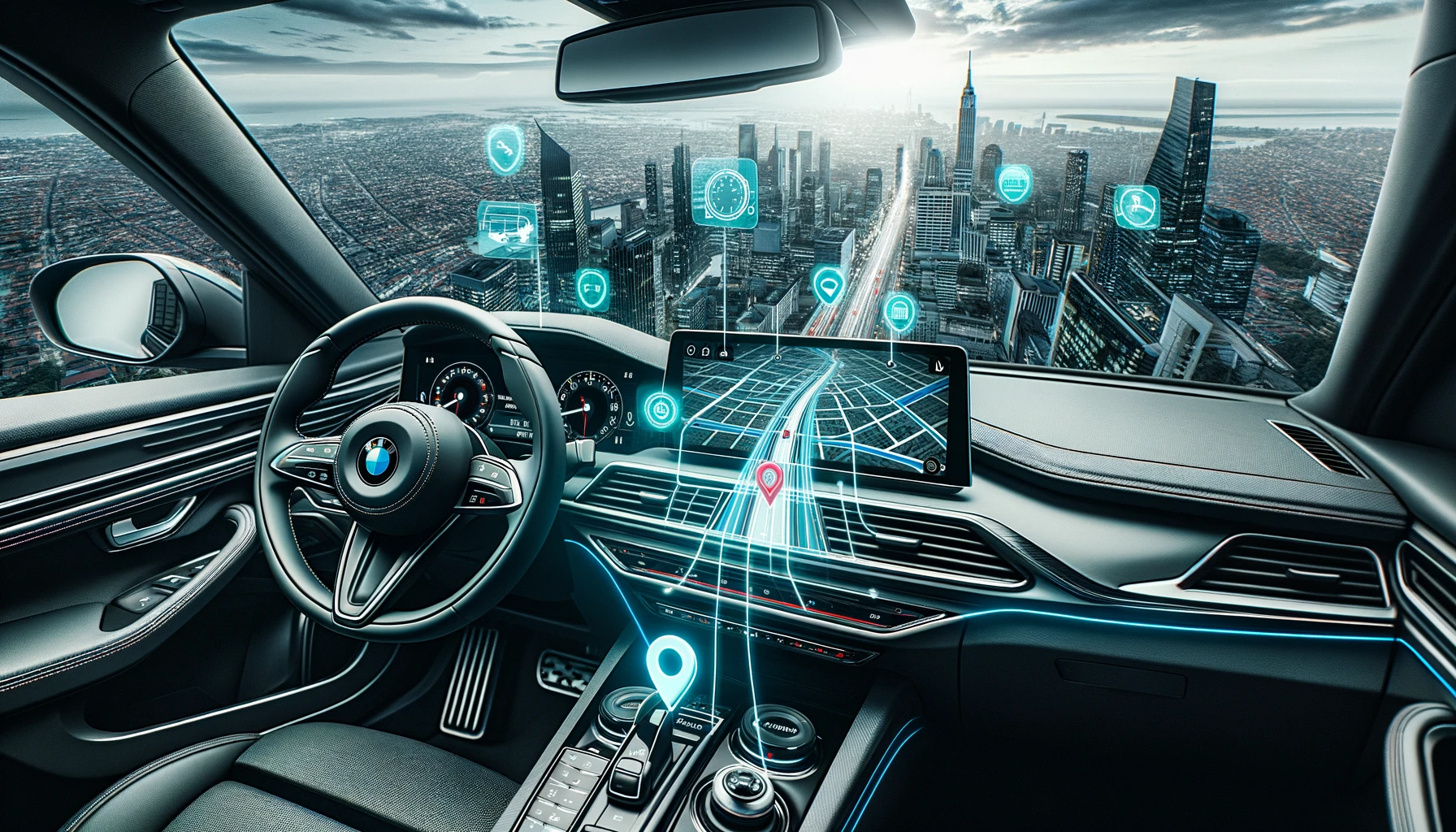 Photo im 3:2 Format eines modernen Autos mit einem sichtbar integrierten GPS-Tracker im Armaturenbrett und grafischen Highlights, die die Funktionsweise zeigen.