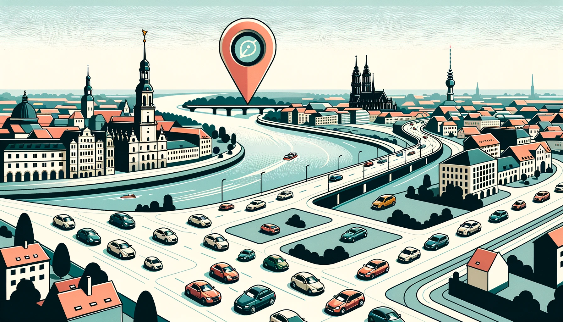 Städtischen Umgebung in Dresden mit der Elbe im Hintergrund und mehreren Autos, wobei jedes Auto ein GPS-Tracking-Icon über sich hat, das den Vorteil der Echtzeitortung zeigt.