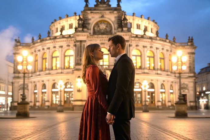 Paar in der Nacht vor der Semperoper